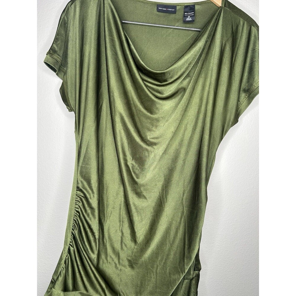 Y2K New York & Co Olive Green Cowl Neck Ruched Tunic Top Club Mini Dress Size M - Picture 4 of 6